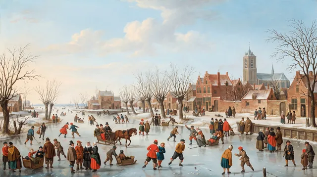 Skaters on the Frozen Canal — Dutch Golden Age Winter Landscape