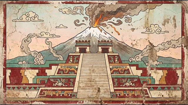 Popocatépetl Erupting behind the Temple — Aztec Mural