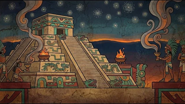 Temple Precinct at Dusk — Aztec Mural