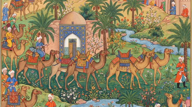 The Caravan at the Oasis — Safavid Persian Miniature