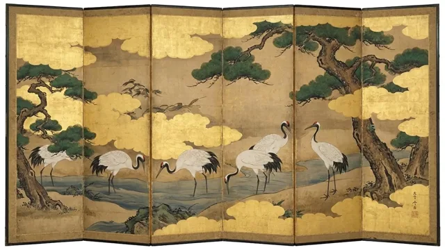 Cranes in River — Edo Period Byobu (Folding Screen)