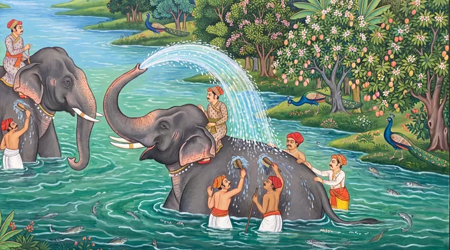 The Elephant Bath — Pahari Miniature