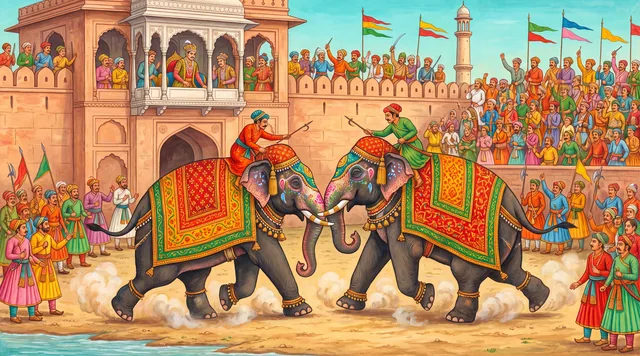 The Elephant Fight — Mughal Miniature