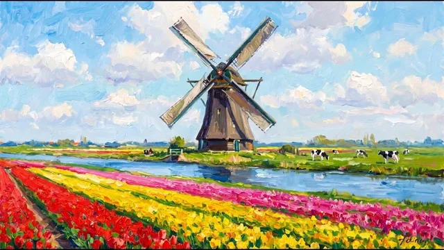 Windmill and Tulip Fields — Dutch Impressionism