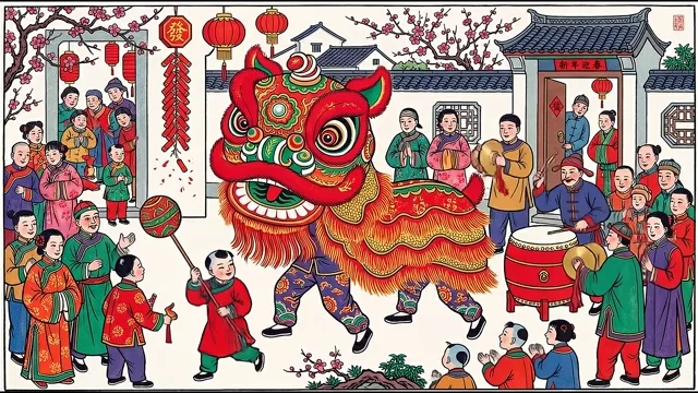 The Lion Dance — Suzhou New Year Woodblock Print