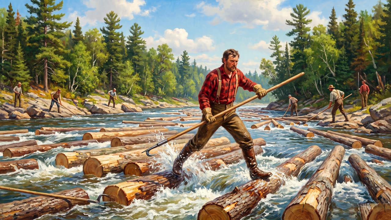 The Log Drive — a still from the animation