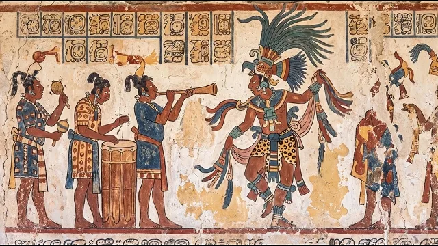Festival Dancer and Musicians — Maya Polychrome Mural