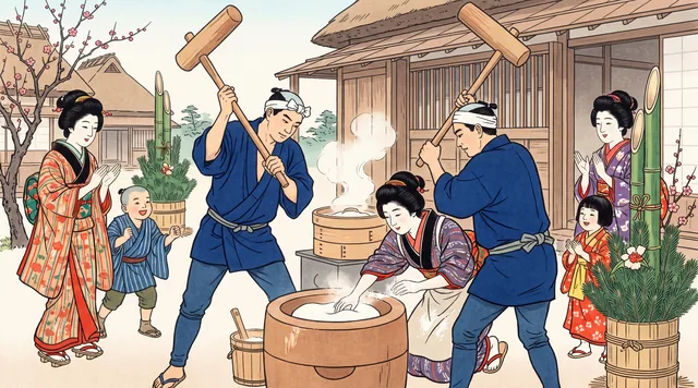 Mochi Pounding at the New Year — Shin-hanga