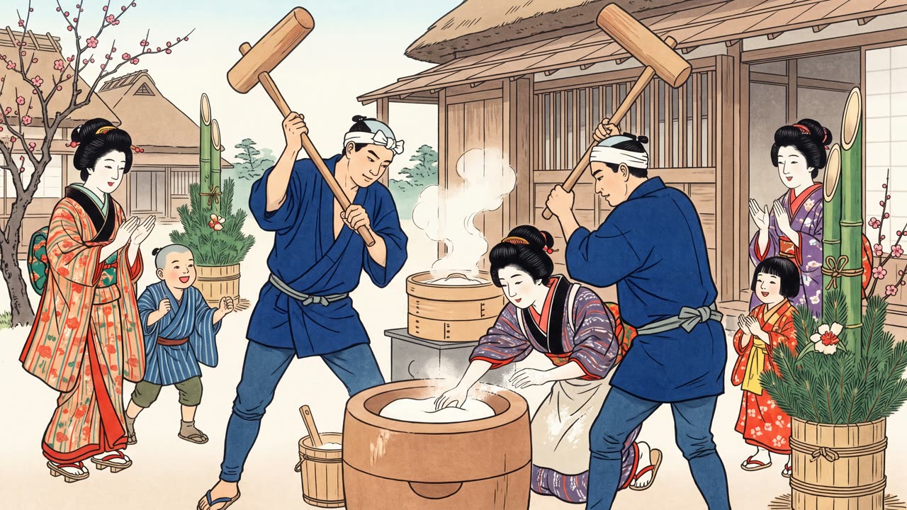 Mochi Pounding at the New Year — a still from the animation