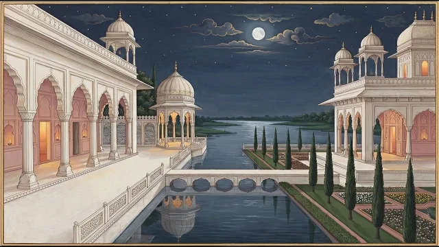 Moonlit River Palace — Mughal Miniature