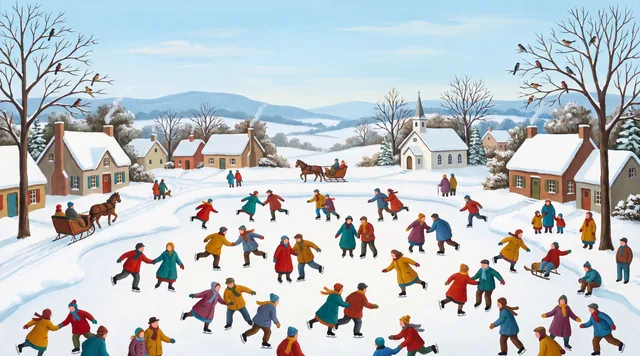 Skaters on the Frozen Pond — Naïve Folk Art