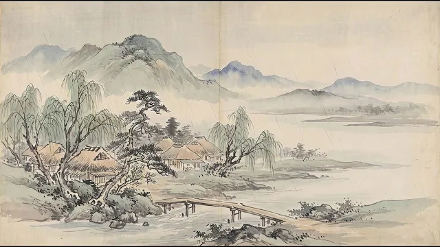 Spring Rain over the River Village — Nanga Literati Landscape