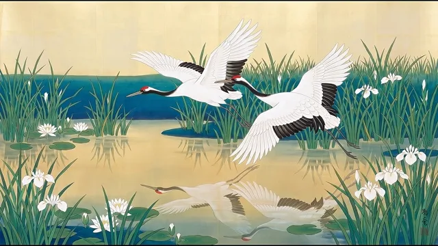 Cranes over the Marsh — Nihonga