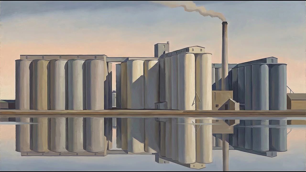 Grain Elevators at Dawn — a still from the animation
