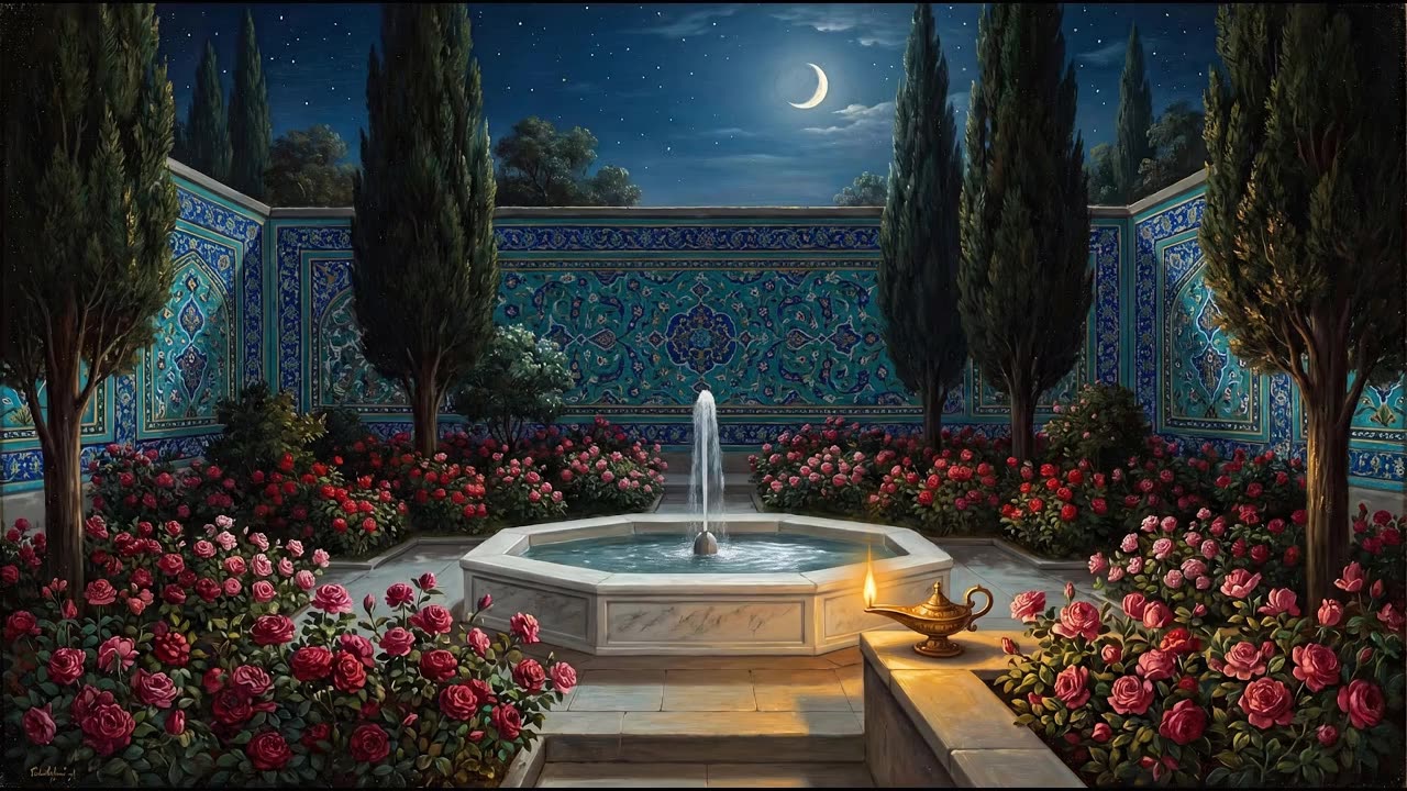 Rose Garden Fountain at Night — a still from the animation
