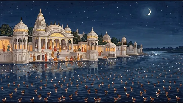 Diwali Lamps on the River — Rajput Painting