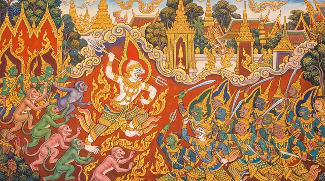 The Ramakien Battle — Thai Temple Mural