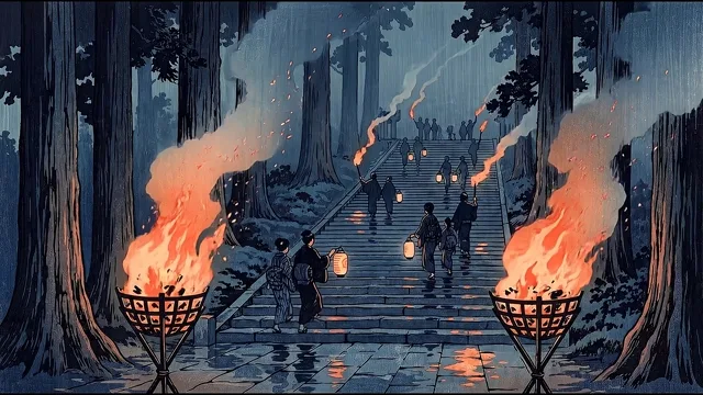 Night Fire Festival at the Shrine — Shin-hanga