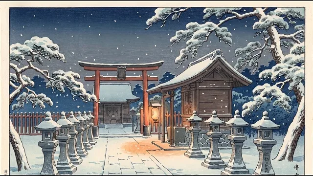 Snow at the Shrine at Dusk — Shin-hanga