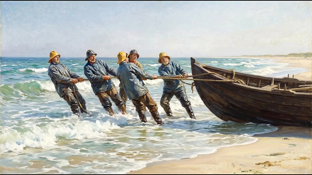 Launching the Boat — a still from the animation