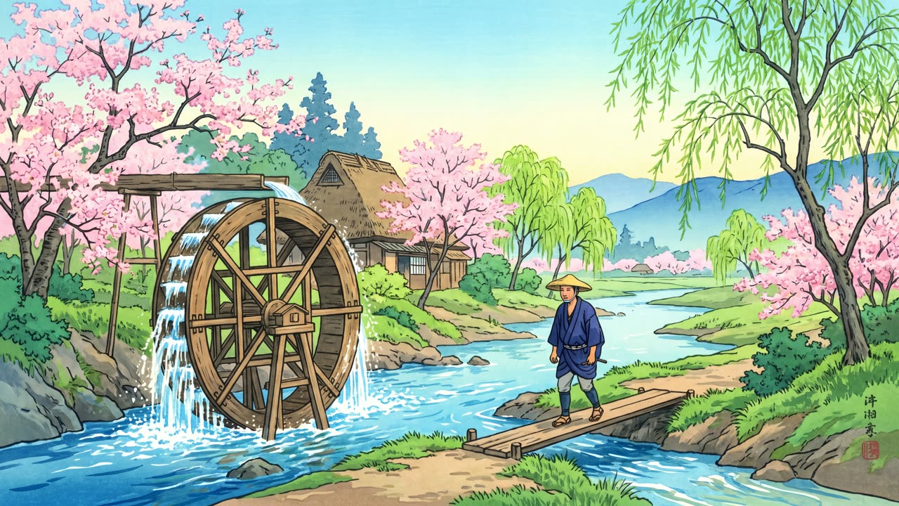 Watermill in Spring — a still from the animation