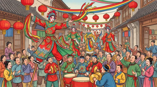 The Stilt-Walkers' Parade — Qing New Year Folk Painting