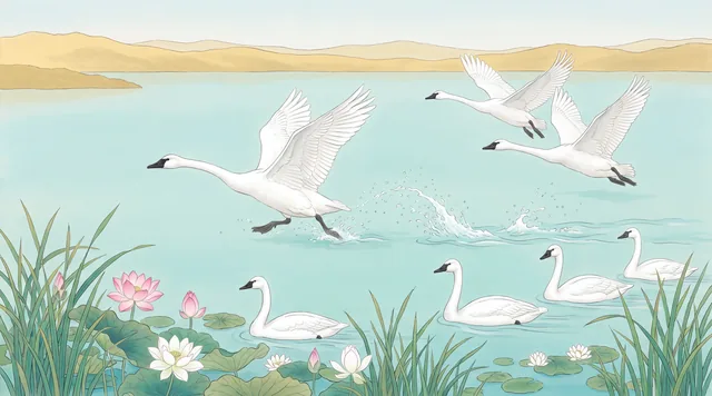 Swans Taking Flight — Nihonga
