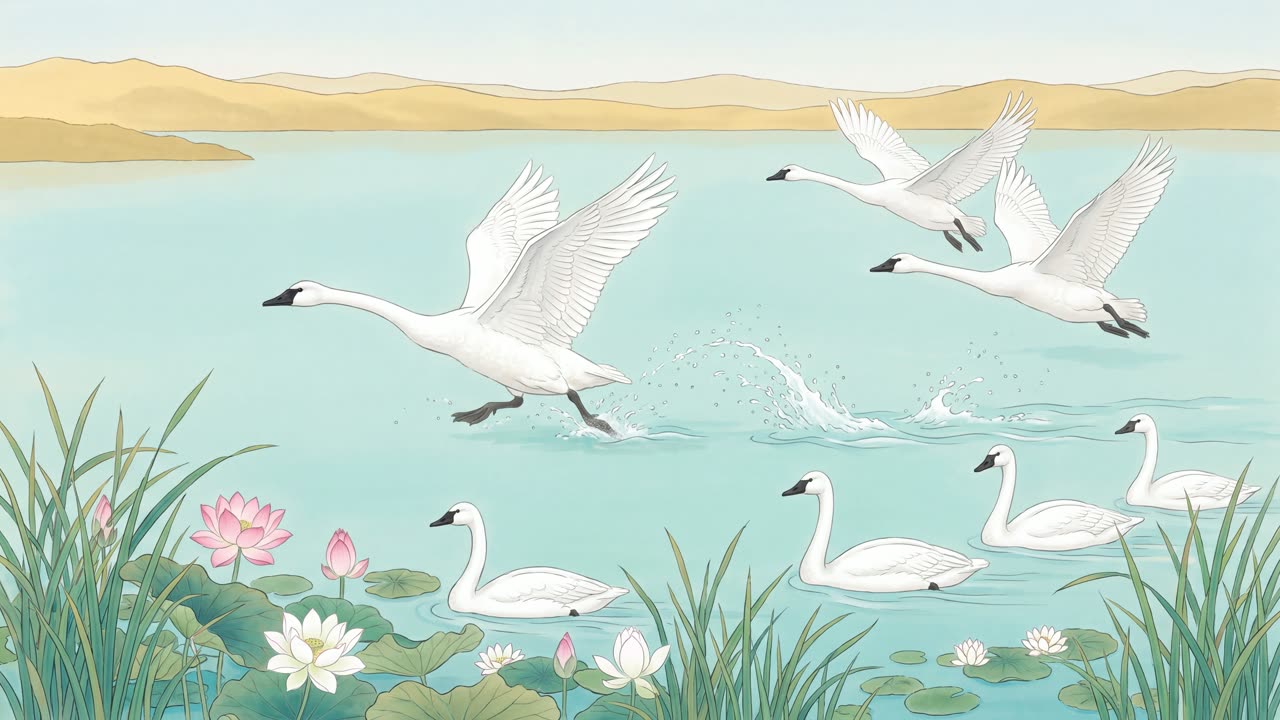 Swans Taking Flight — a still from the animation