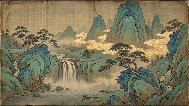 Travelers Below the Waterfall — Tang Dynasty Blue-Green Landscape