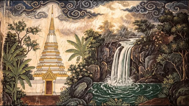 Waterfall by the Golden Chedi — Thai Temple Mural