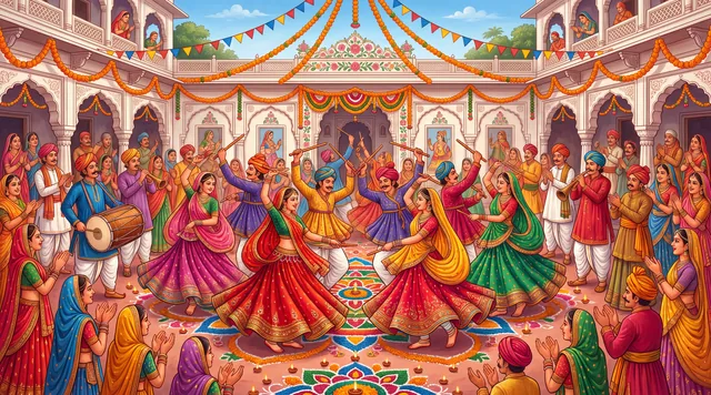 The Dandiya Dance — Rajasthani Folk Painting