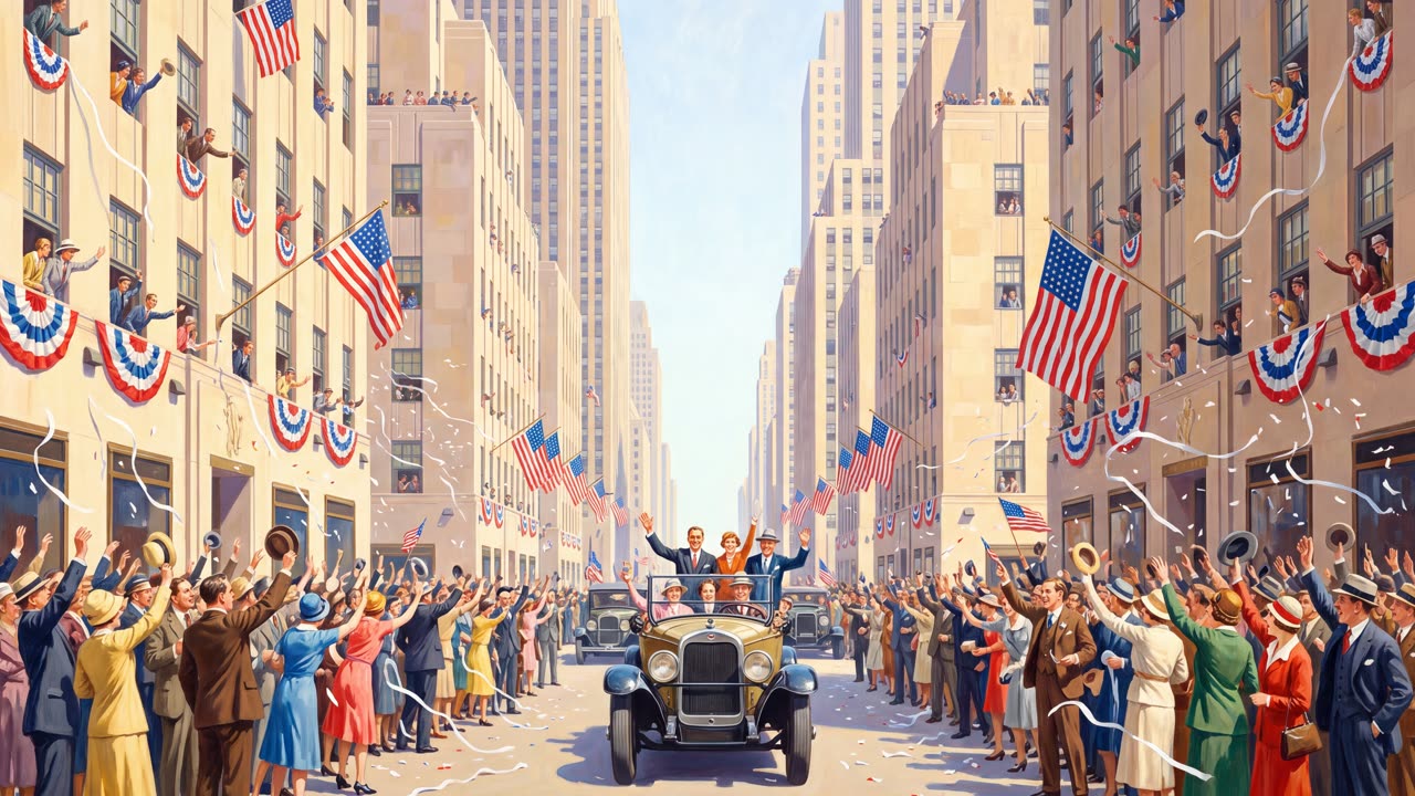 The Ticker-Tape Parade — a still from the animation