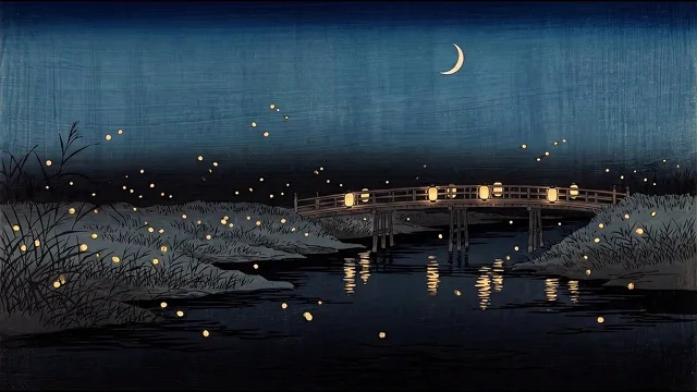 Fireflies over the Bridge — Ukiyo-e Night