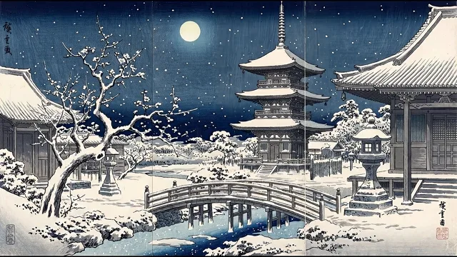 Moonlit Snowfall at the Temple — Ukiyo-e Night Print