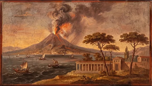 Vesuvius Erupting over the Bay — Roman Villa Fresco