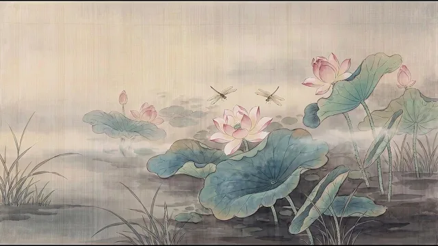 Lotus Pond in Morning Mist — Vietnamese Silk Painting