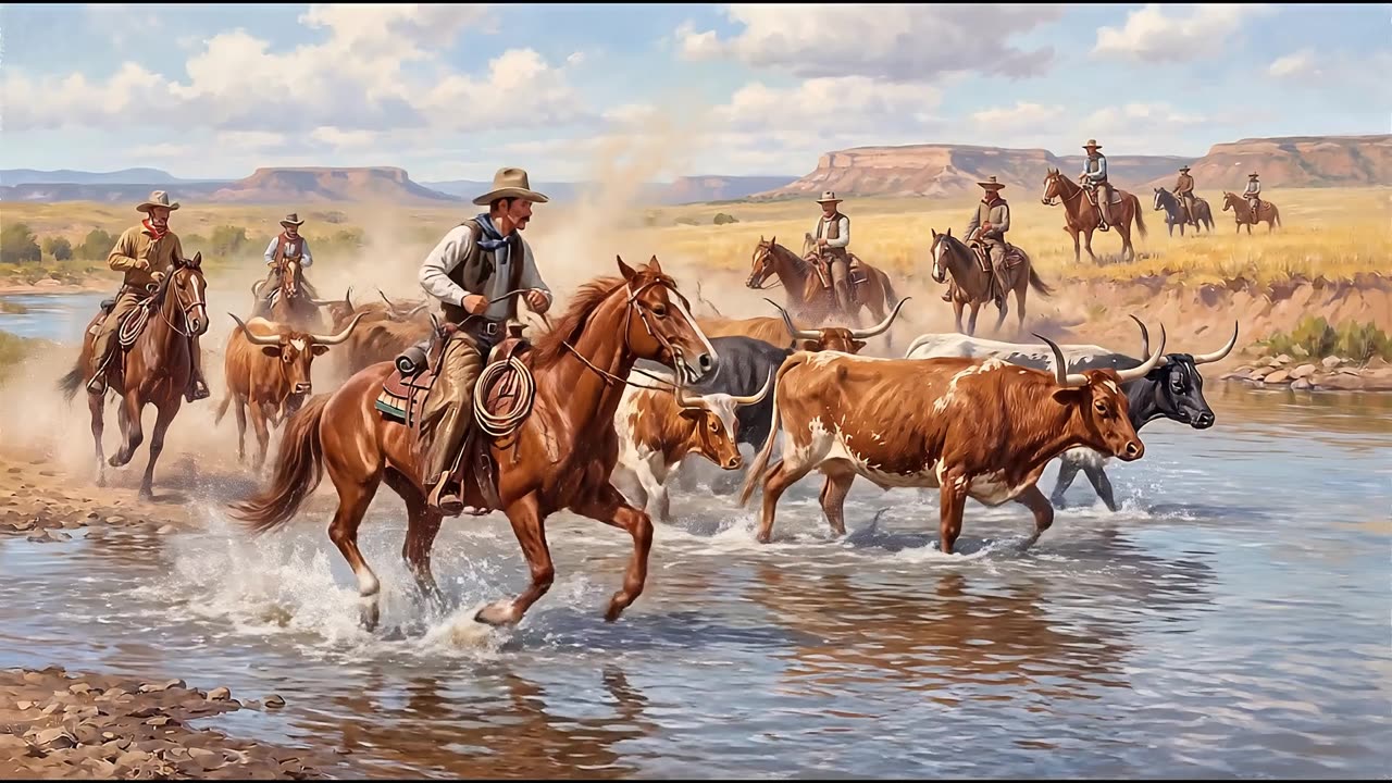 Cattle Drive at the River Crossing — a still from the animation