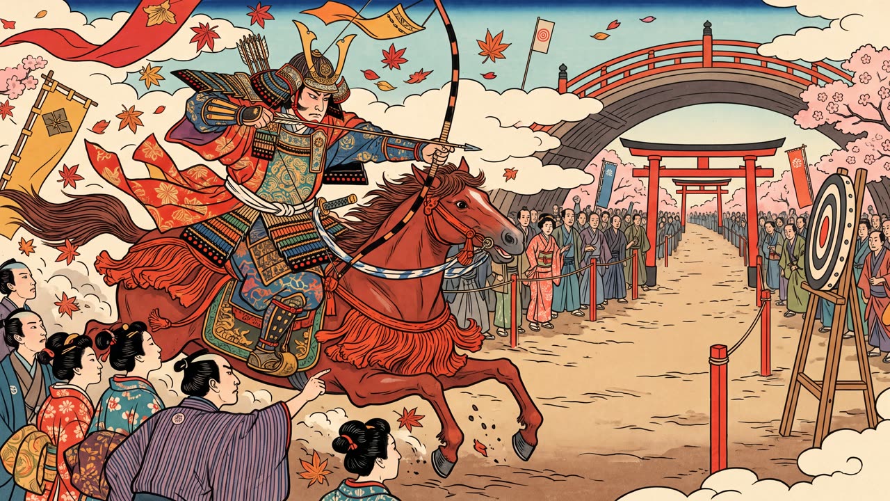 Yabusame, the Horseback Archer — a still from the animation