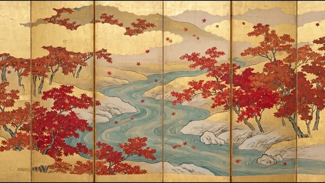 Autumn Maples on the River — Yamato-e Gold Screen