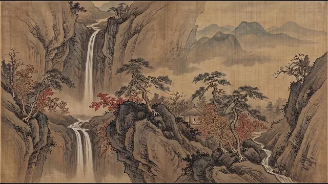 Autumn Gorge Waterfall — Yuan Dynasty Landscape